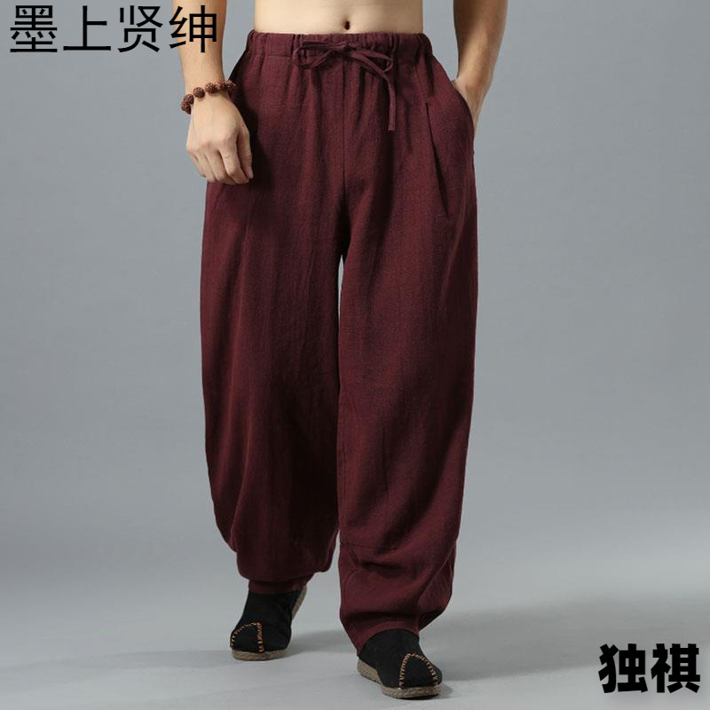 Meditación de verano de algodón y lino para hombres, ropa de lino de estilo étnico chino, pantalones largos de pierna ancha Zen, hombres