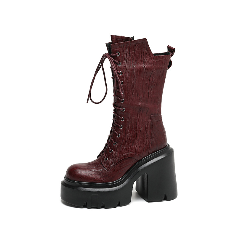 Boot Martin nữ buộc dây phong cách Anh, gót 12 cm — Lớp lót nhung đen