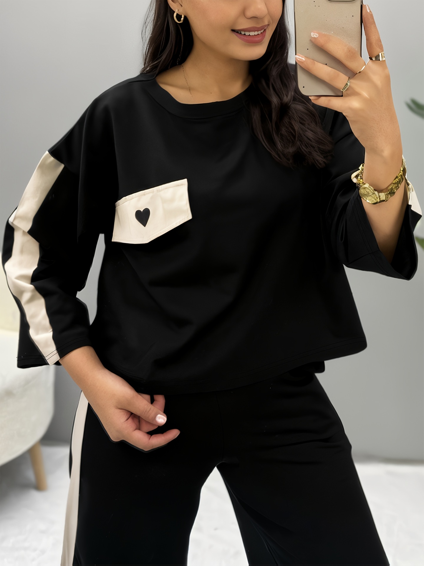 Women's Casual Short Sleeve Top With Color Blocking And Straight Leg Pants Two-Piece Lounge Set Versatile For Multiple Occasions_ecoleips.com