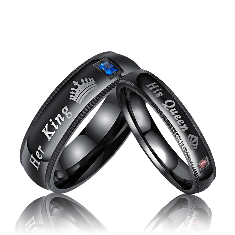 Cross-Border Wishherkinghisqueen Crown Queen Titanium Steel Black Couple Rings with Letter Engraving