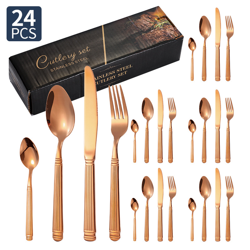 Columna romana vajilla de acero inoxidable cuchillo, tenedor y cuchara juego de 24 piezas hotel restaurante bistec cuchillo, tenedor y cuchara vajilla occidental cuchillo y tenedor