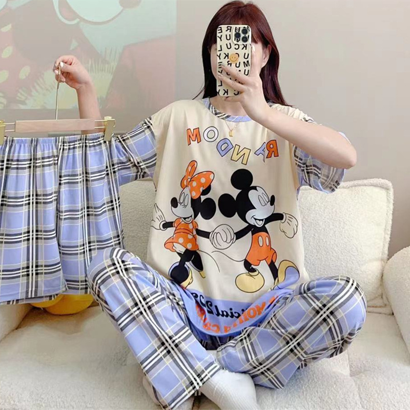 2023年睡衣女春秋夏季新款短袖短裤长裤三件套卡通休闲家居服套装