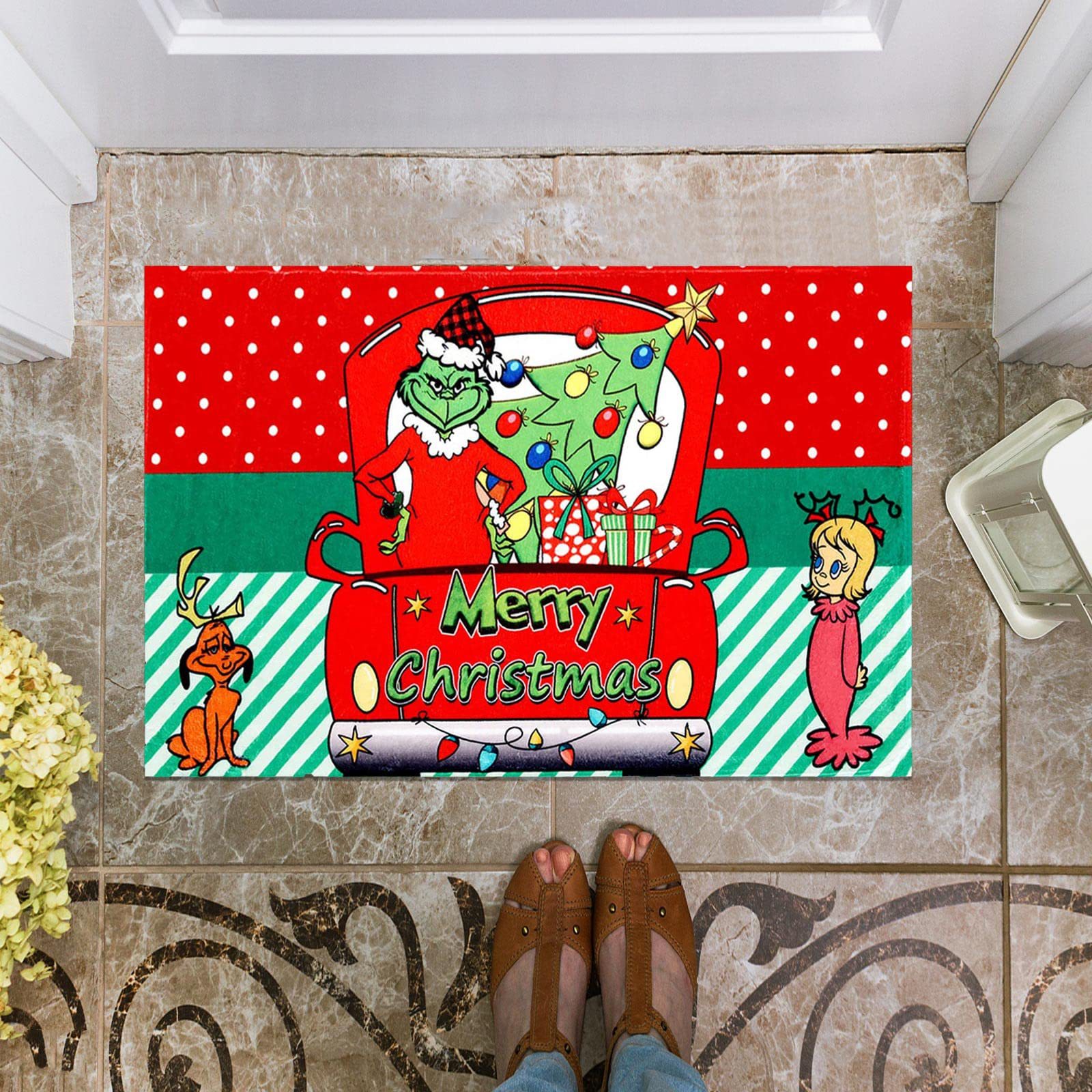 En stock Grinch alfombra del piso transfronterizo alfombra de Navidad alfombra de puerta de vacaciones verde payaso alfombra del piso