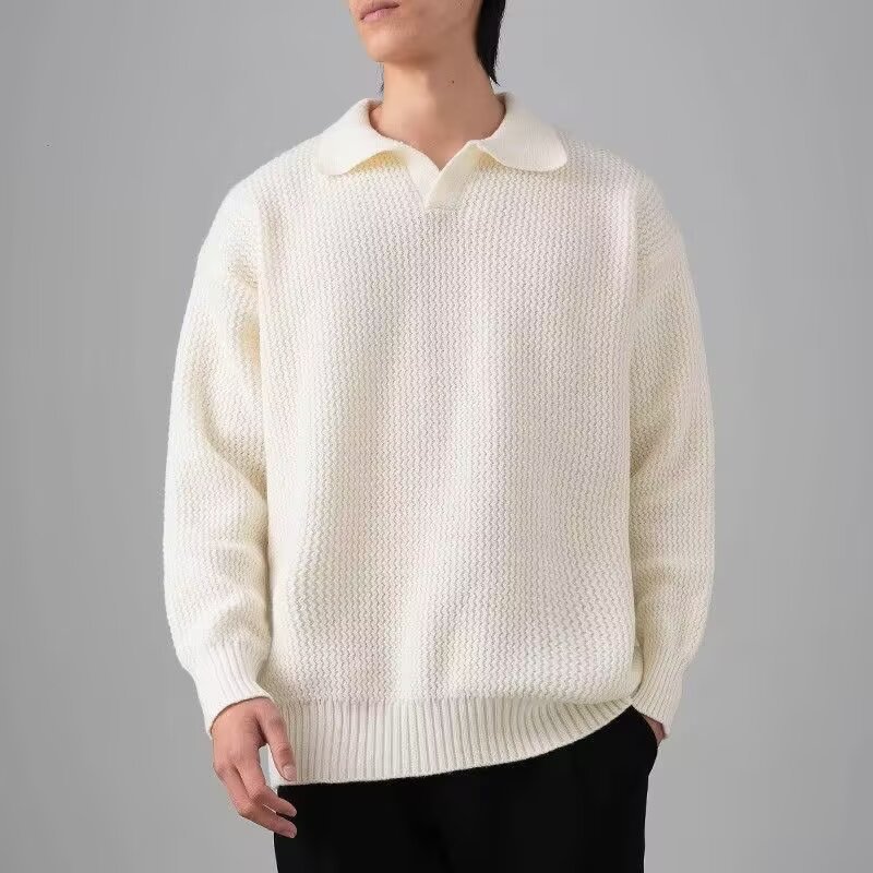 멀티 컬러 한국 스타일 곡선 골판지 질감 폴로 니트 셔츠 간단한 올 매치 가을 커플 옷깃 스웨터 트렌디 브랜드 남성용