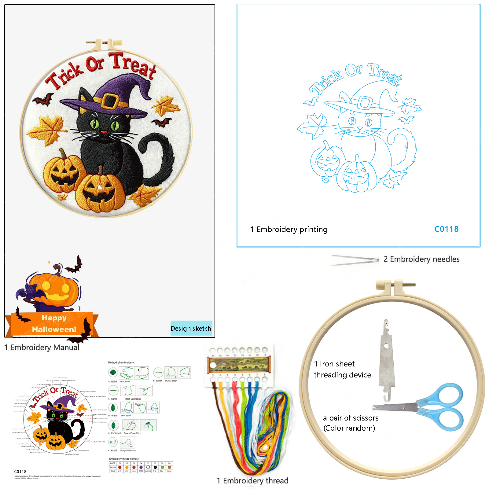 Nuevos productos transfronterizos bordados Halloween fantasma sombrero gato negro conjunto bordado hecho a mano material DIY bordado al por mayor