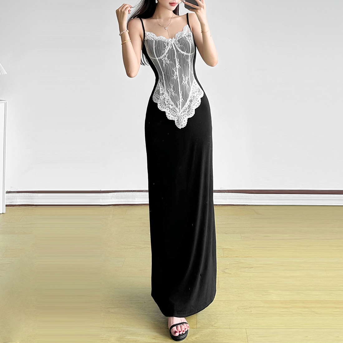 2025 European and American Summer New Cross-Border Korean-Style High-Waisted Slim-Fit Lace Patchwork Elegant Long Dress for Women
