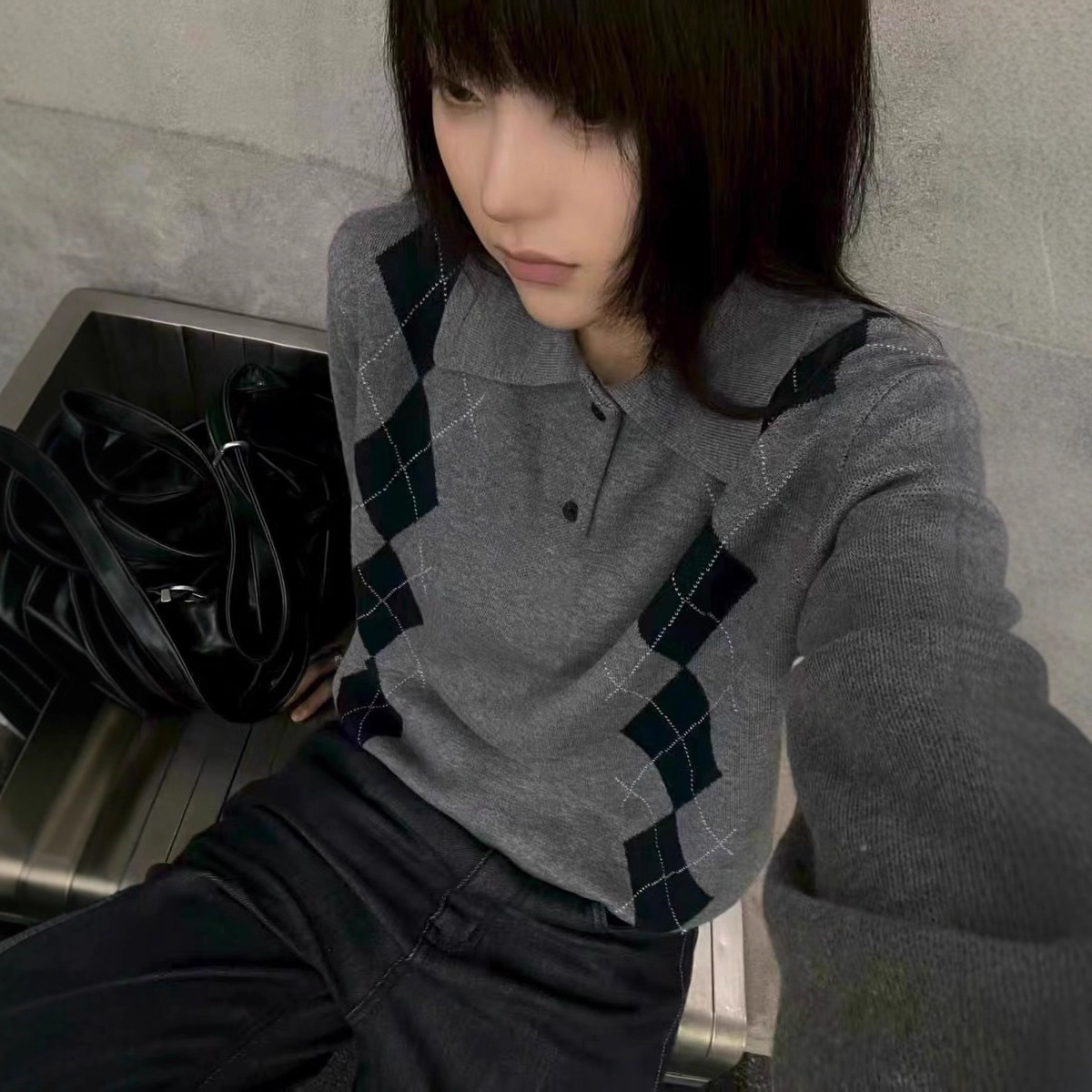 High-Quality Quilted Old Money Style Polo Shirt Knitwear Men's Argyle Jacquard High-Intelligence Right Shoulder Knitwear Long-Sleeved Miu Series