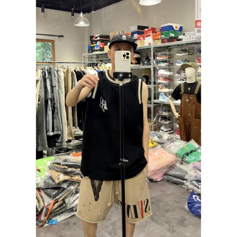 夏季大码300斤男士美式运动字母刺绣休闲宽松背心球衣无袖T恤坎肩|undefined