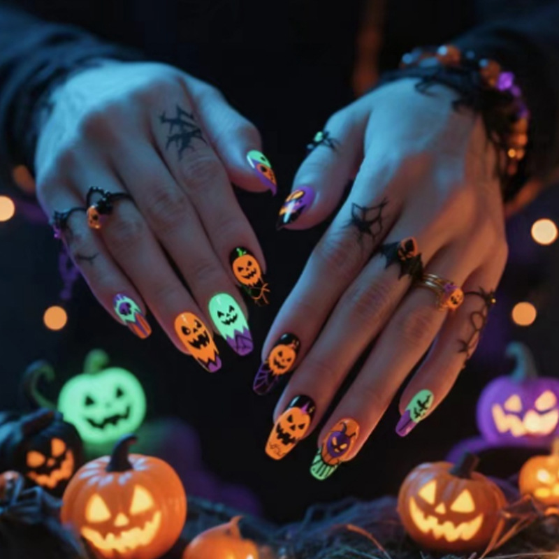 夜光万圣南瓜欧美穿戴甲跨境美甲甲片穿戴甲批发pressonnails甲片|undefined