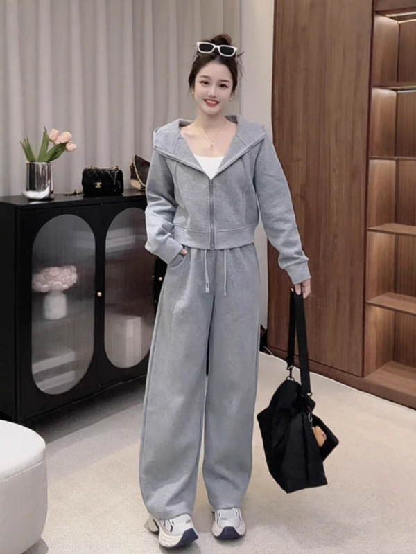 秋冬新款小个子粉色卫衣连帽休闲运动套装女直筒裤两件套抖音爆款|undefined
