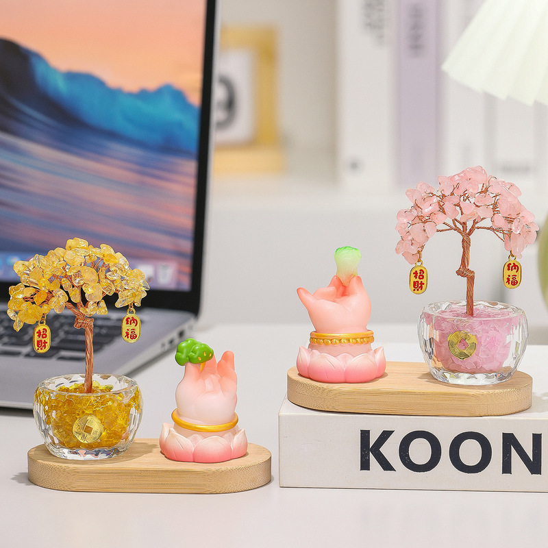 Natural Yellow Crystal Fortune Tree, Pink Crystal Money Tree, Fat Fufu Buddha Handmade Stress-Relief Desktop Decoration Ornament