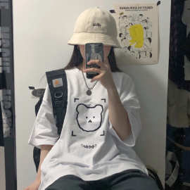 一件代发女装小熊T恤2021夏季新款印花白上衣韩版宽松短袖批发潮