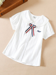 女童襯衣短袖2023新款夏季大童娃娃領上衣夏裝泡泡袖兒童白色襯衫