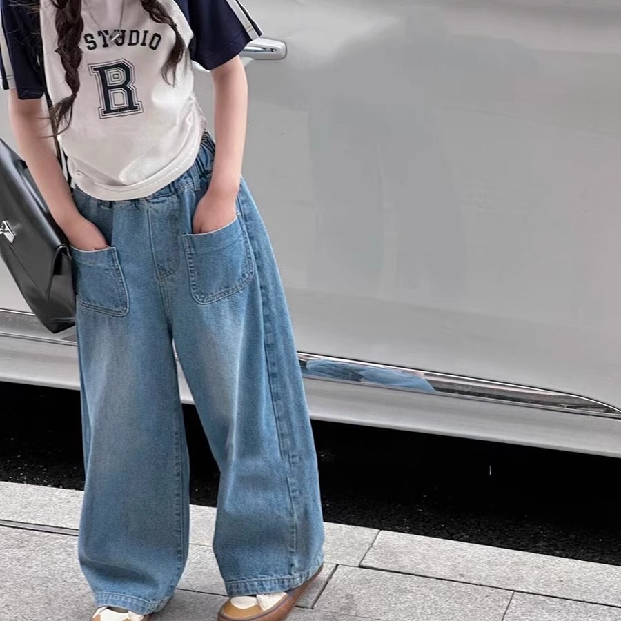 Children's Straight Leg Pants 2024 Spring and Autumn Kids Jeans Wide Leg Pants for Older Children Stylish Long Pants 78022
