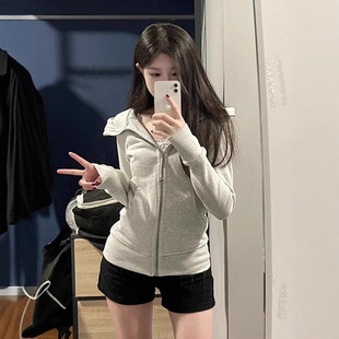 [self-set factory in stock now] with finger buckle hooded slim waist coat zipper cardigan sweater women