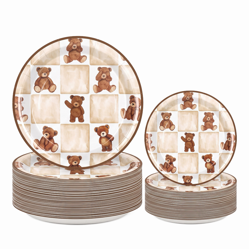 Cartoon bear disposable printed paper plates, large and small checkered dinner plates, children's birthday party decoration plates