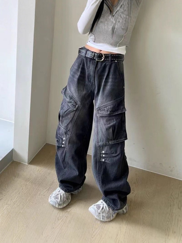 梵思羽复古蓝水洗重工工装裤牛仔裤女新款美式复古高腰直筒阔腿裤|undefined