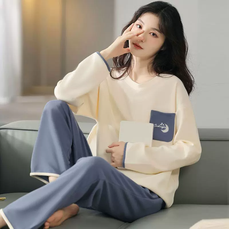 睡衣女春秋款韩系长袖棉质女生减龄文艺休闲服可外穿家居服两件套