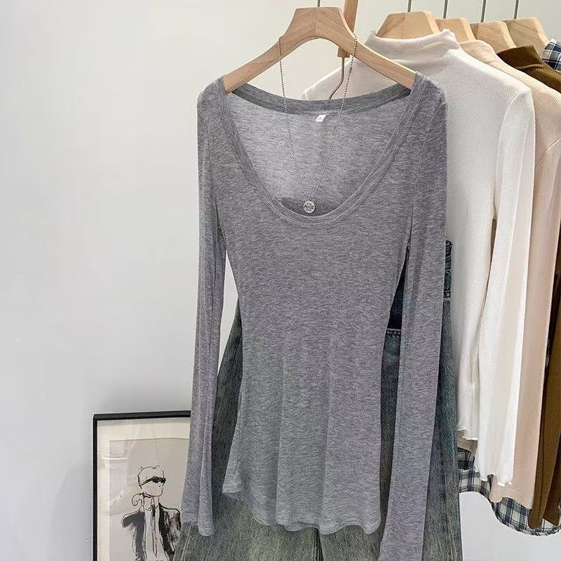 Sexy and Alluring U-Neck Slightly See-Through Slim-Fit Sun-Protective Base Layer T-Shirt for Women 2026 Spring, Autumn, Summer Loose Casual Top