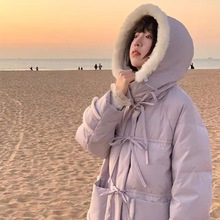 白鸭绒羽绒服女学生2025新款绑带中长款拼接羊羔毛加厚保暖外套