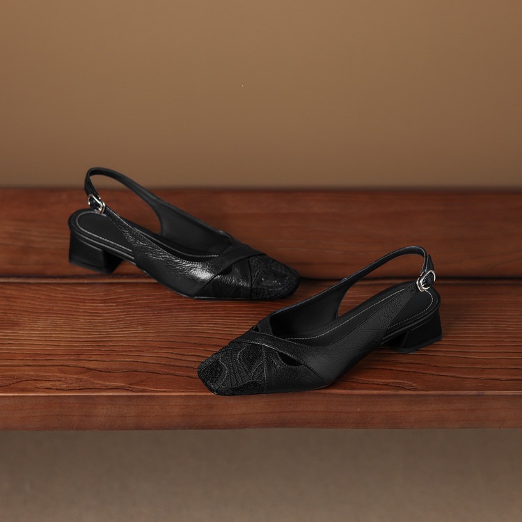 Sandal cao gót nữ hở mũi da cừu lưới phối màu quai ngang khóa — màu đen, màu trắng ngà chi tiết 43