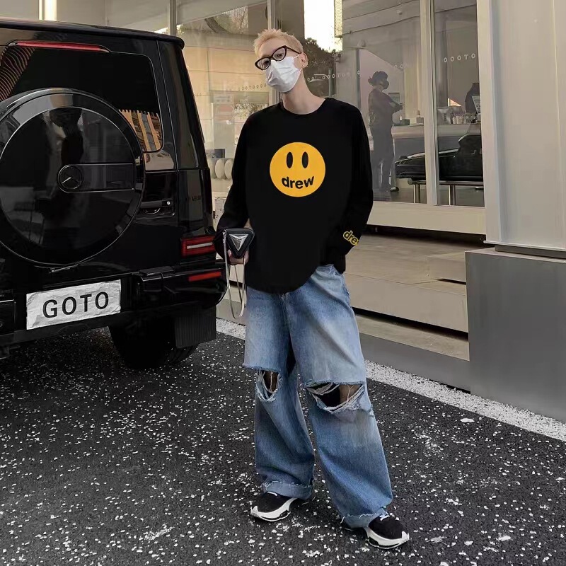 NOEASY smiley face Drew niche fashion brand American spring and autumn loose men's couple undershirt long sleeve T-shirt NOEASY smiley face Drew niche fashion brand American spring and autumn loose men's couple undershirt long sleeve T-shirt