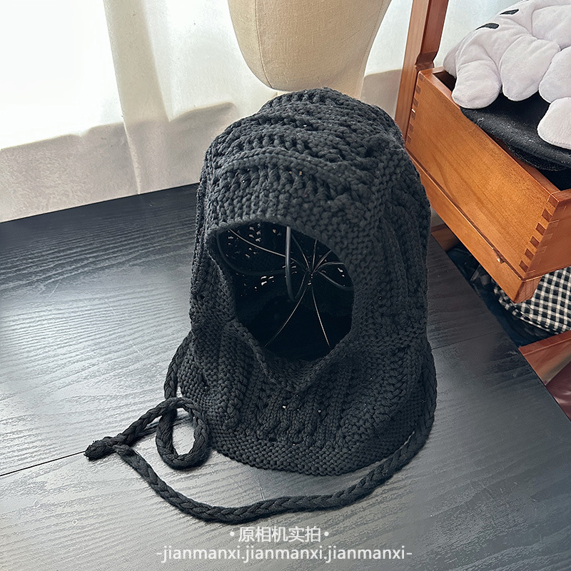 单色简约手工钩针毛线巴拉克拉法帽子女款韩系氛围感镂空套头帽潮|undefined