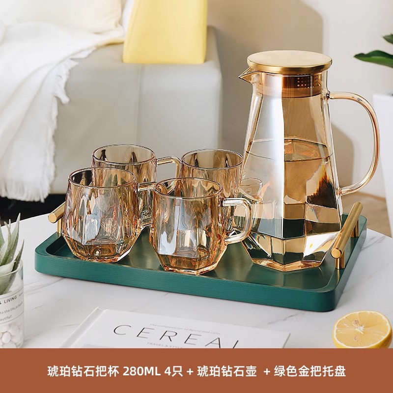 Vaso de cristal de diamante de lujo ligero ámbar, taza de agua para el hogar con asa, taza de té resistente al calor para la sala de estar, juego de taza de agua potable