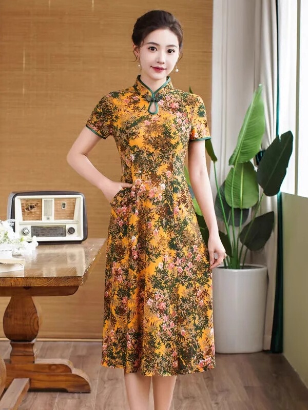 Mom's New Summer Style Improved Cheongsam Dress Women's Mid-Length Middle-Aged and Elderly Loose Large Size Short-Sleeved Dress