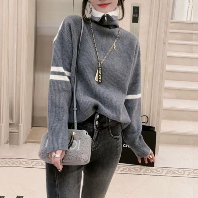2023 otoño e invierno nuevo estilo japonés contraste color prendas de punto de las mujeres cuello alto manga larga suelta cremallera casual suéter mujeres image 4