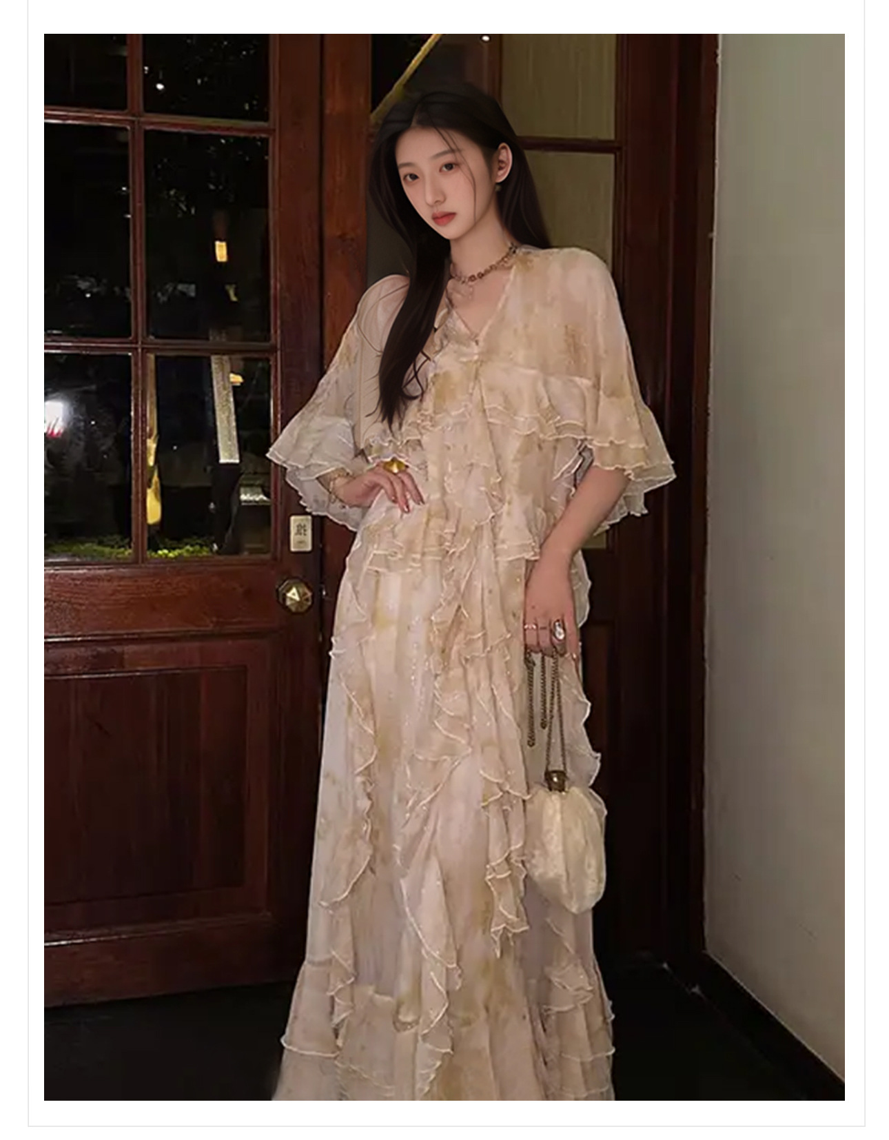 Đầm maxi nữ thắt eo họa tiết ombre cổ sen cách tân — Màu cam, Màu trắng be chi tiết 3
