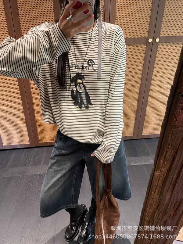 琪镌绘制休闲百搭条纹卡通圆领长袖t恤女秋季款宽松套头上衣29035|undefined