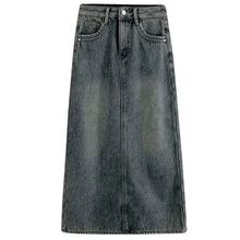 冬季韩版复古做旧加绒加厚牛仔长裙女学生百搭显瘦包臀a字半身裙