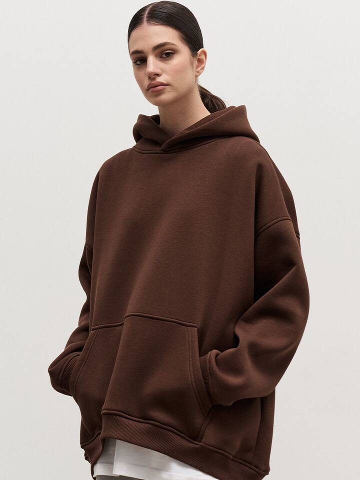 Áo hoodie nỉ lông dáng rộng có mũ và túi, tay dài, dáng unisex — Màu cà phê, Màu hồng, Màu xám, Màu đen chi tiết 57