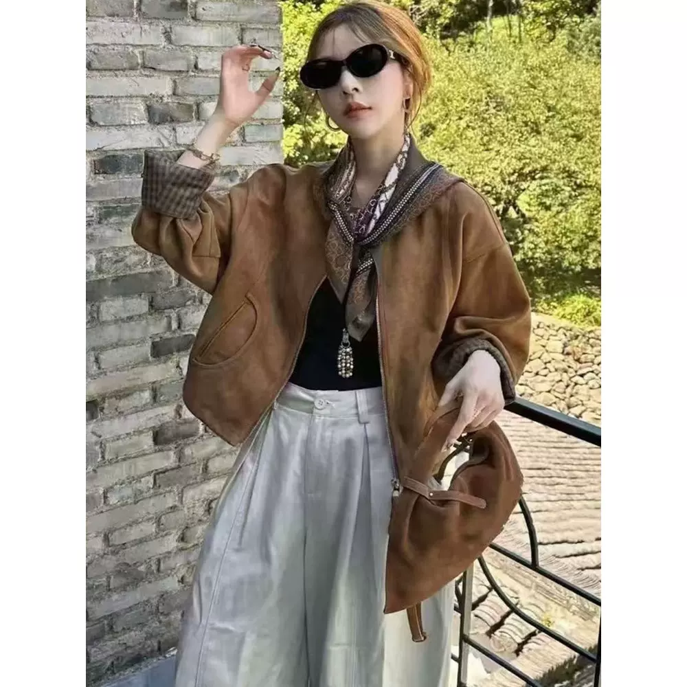 欧货复古丝巾鹿皮绒外套女2025秋季新款时尚设计感格子拼接夹克潮