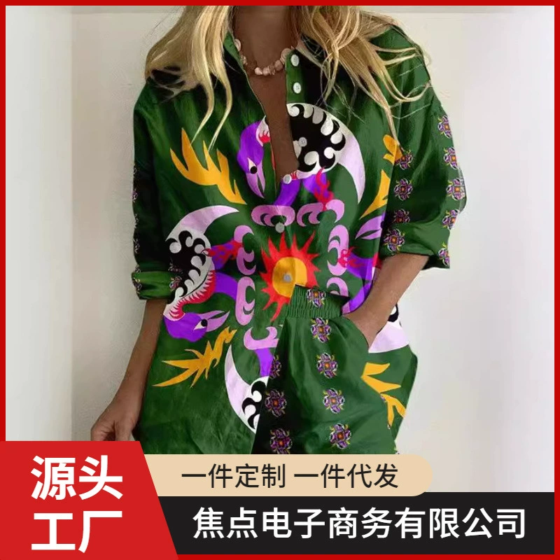 2024 осень новый Amazon Европейская и американская мода 3D с длинными рукавами кардиган повседневная рубашка с длинными рукавами женский набор из двух частей