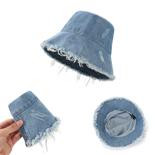 Export cross-border large head circumference water-washed raw edge fisherman hat wide brim denim edging basin hat sun protection and UV protection versatile 