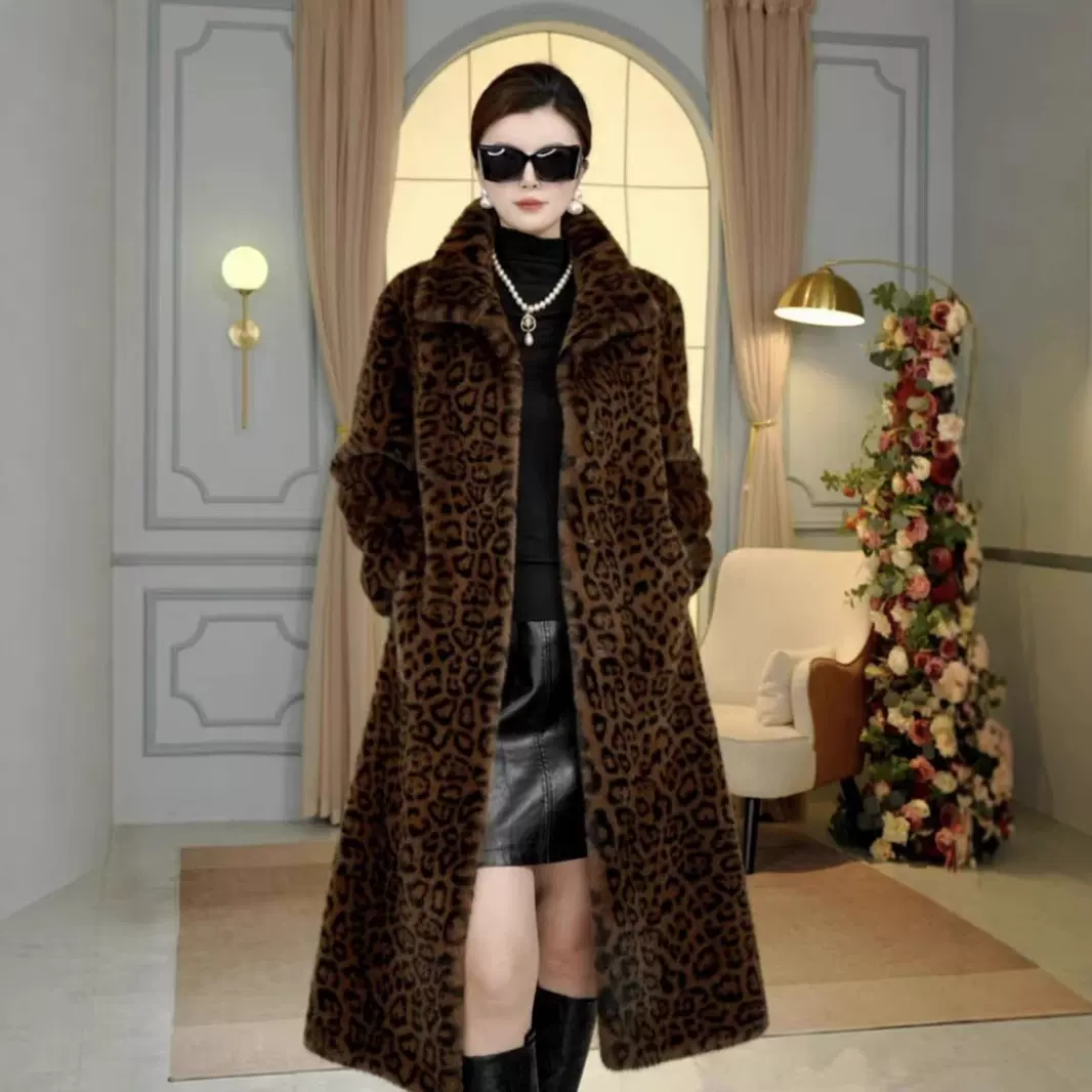 海宁新款时尚环保轻奢长款豹纹貂毛皮草大衣外套立领加厚皮毛一体