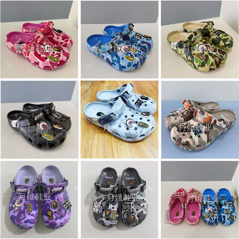 Bape X Bape Camouflage Ape Joint Brand Clogs with Eva Non-Slip Sole for Men and Women, Couple Beach Sandals with Logo