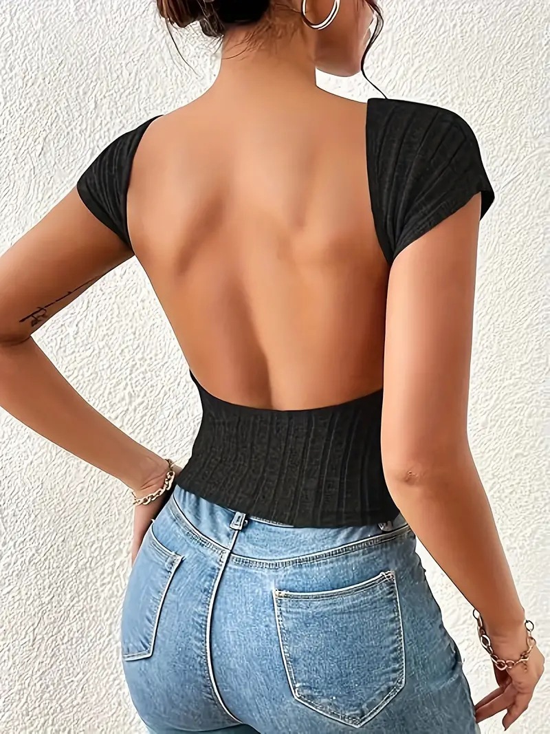 new sexy slim backless short top wide striped fleece short-sleeved T-shirt for women_senzul.com