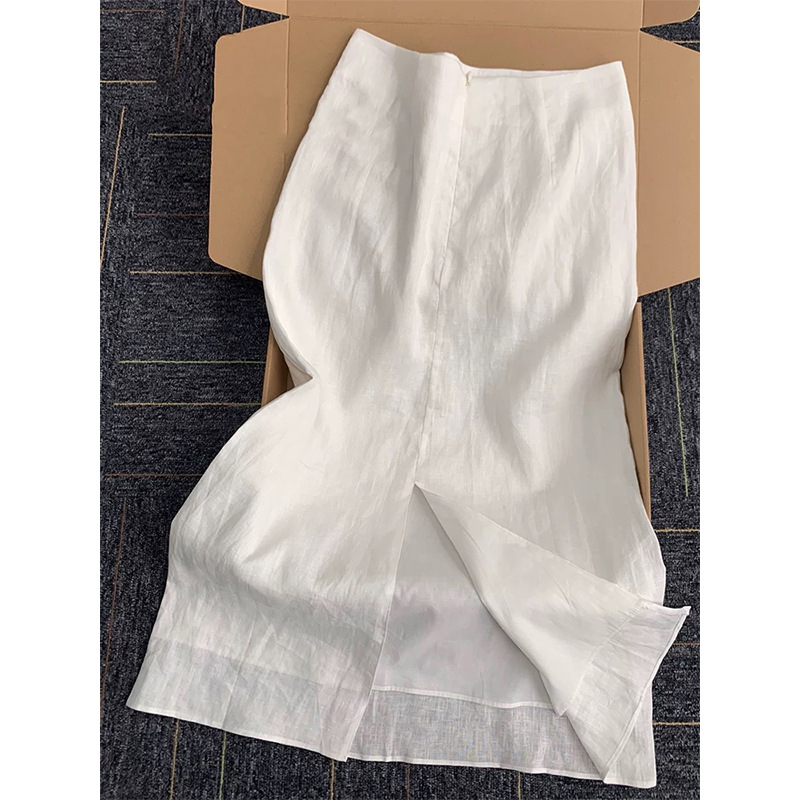 High-grade White Tencel Cotton Linen Skirt Women's Summer 2025 New High Waist Long Split Ramie Skirt
