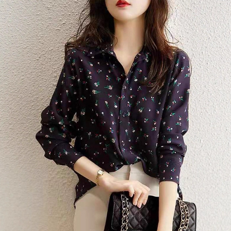New Women's Long-Sleeved Mulberry Silk Printed Shirt, Loose, Fresh, Simple, Versatile, Age-Reducing Women's Shirt