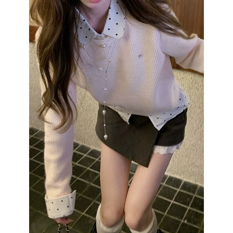 Ретро-преппи стиль, искусственный двухсекционный розовый трикотаж для женщин, ранняя осень, новый дизайн, нишевый ленивый топ