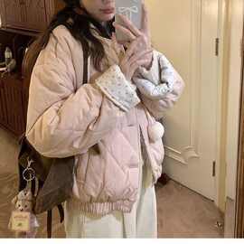 冬季新款粉色碎花双面穿棉服2024学生宽松棉袄小个子保暖棉衣外套