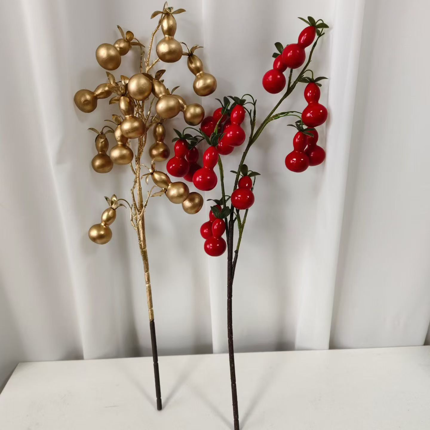 跨境仿真金色果叉红果年宵花新年福桶抱抱桶串枝插花装饰配件花卉