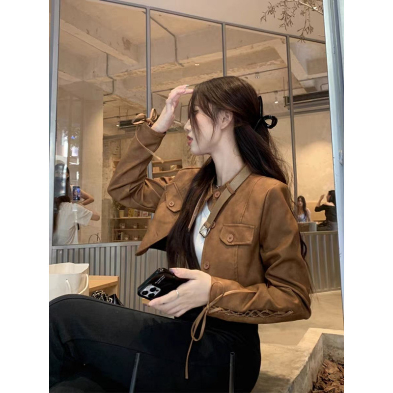 Design Sense Brown Vintage Leather Jacket Women's 2024 Autumn and Winter Short Pu Deerskin Jacket Top
