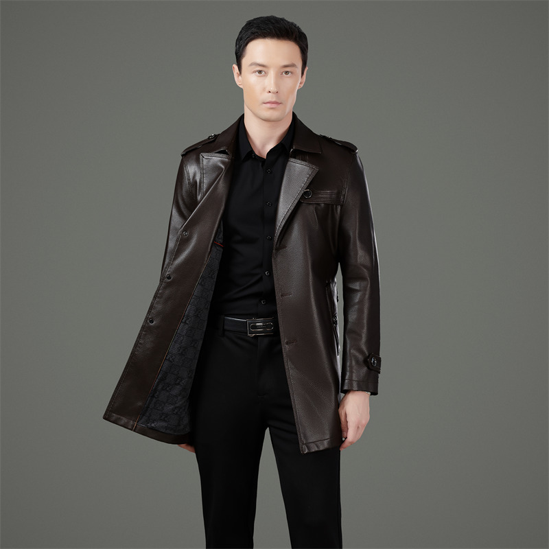 2026 Haining Men's Sheepskin Leather Suit Collar Mid-Length Casual Fleece-Lined Motorcycle Leather Jacket Plus Size Jacket for Young People
