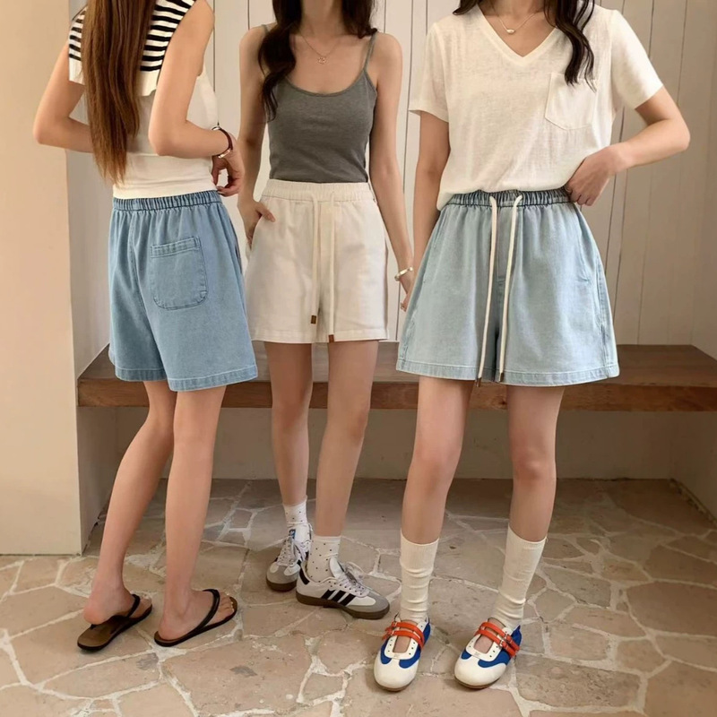 Available in 99.2 Cotton 2615 Korean Style Elastic Waist Drawstring Denim Shorts, Length 43 - for Distributors Only, No Returns or Exchanges