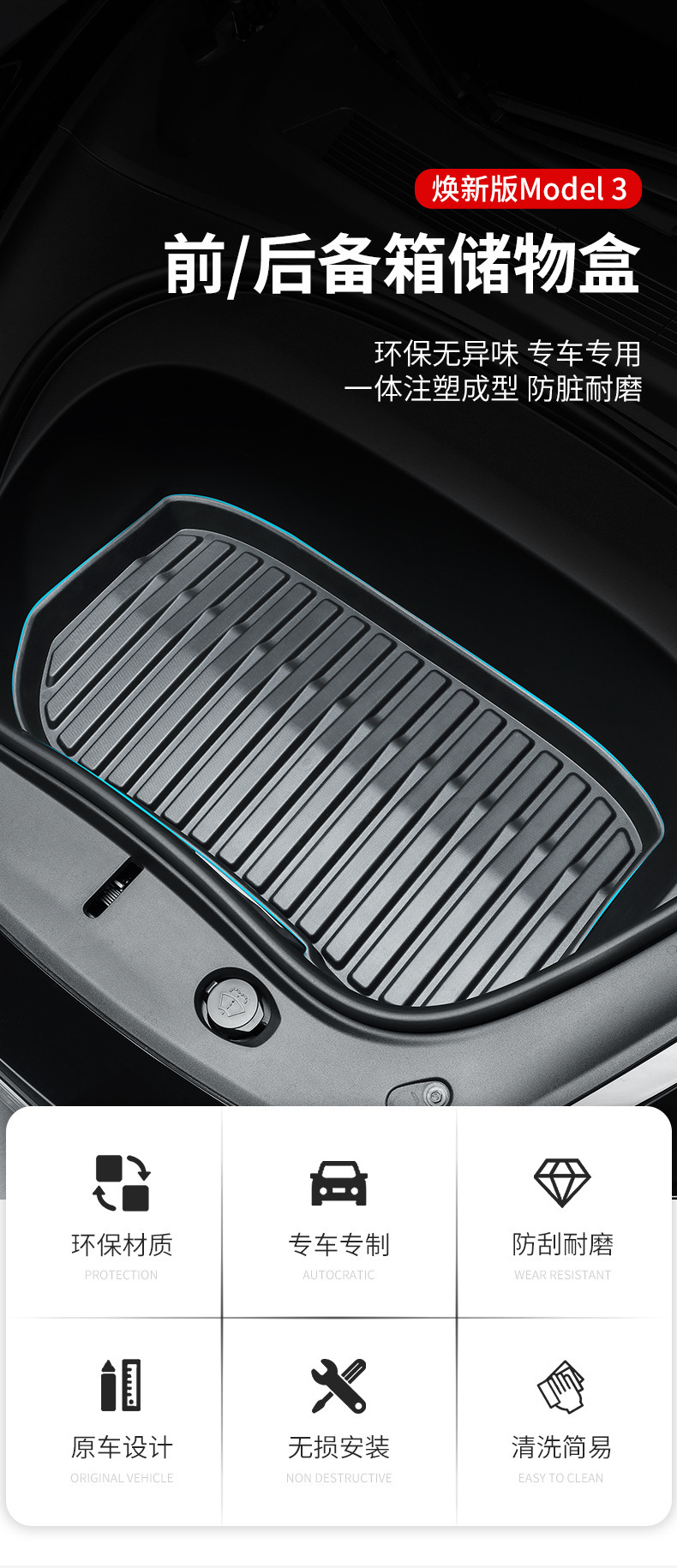 Suitable for Tesla Model 3/Y Front and Rear Trunk Mats, New 3/Y/Yl Trunk Storage Mat, Lower Layer Mat, Threshold Strip