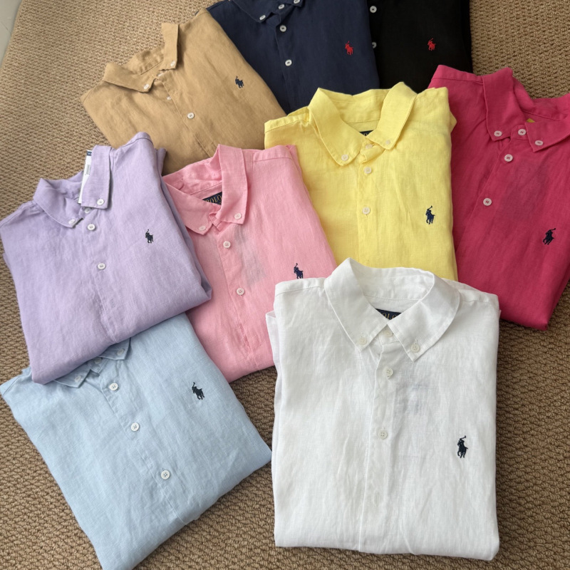 [Original Label with Qr Code] Ralph Shirt Short-Sleeve Set, 100% Linen, Small Horse Logo Embroidery, Popular Women's Clothing